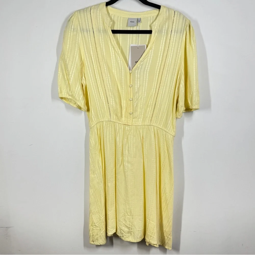 ICHI Yellow Textured Midi Dress Size 36 Button Front Short Sleeve Summer - Picture 2 of 13